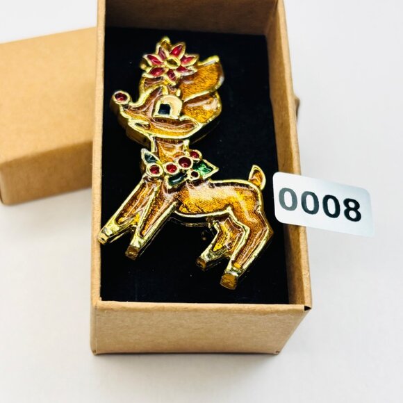 Vintage Gold-Tone Reindeer Brooch With Red Rhinestones & Poinsettia - Picture 3 of 3